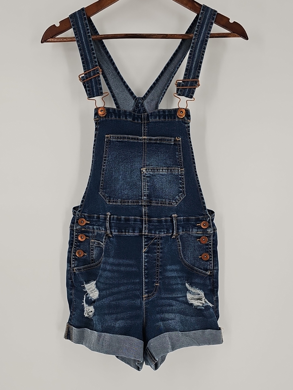 No Boundaries Dark Blue Denim Short Overalls with Distressed Detail